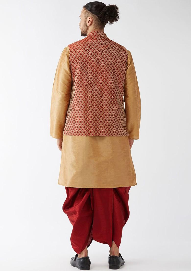 Rose Gold Solid Poly Blend Kurta Set For Men