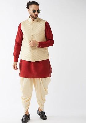 Maroon Woven Poly Blend Kurta Set For Men