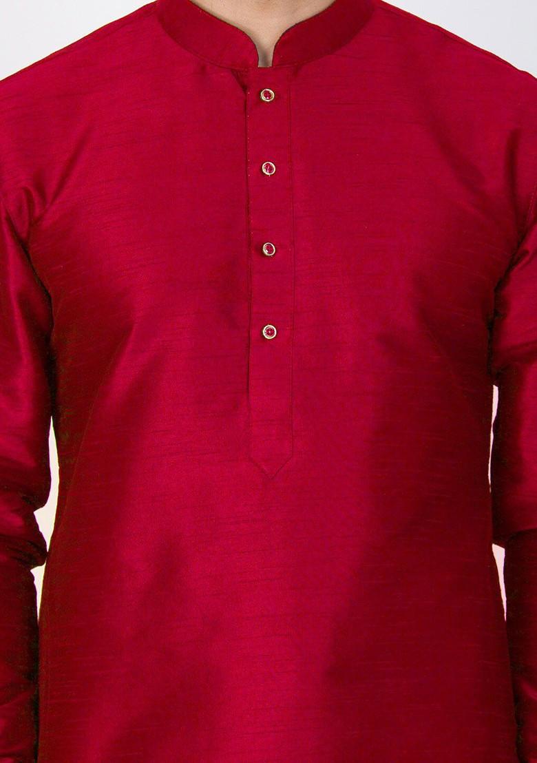 Maroon Woven Poly Blend Kurta Set For Men