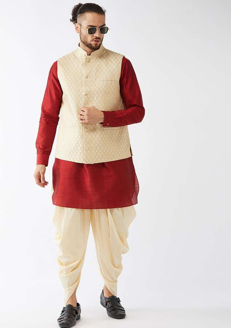 Maroon Woven Poly Blend Kurta Set For Men - Indya