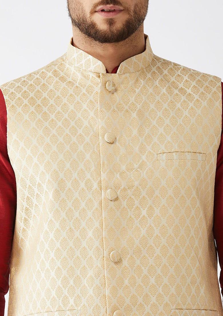 Maroon Woven Poly Blend Kurta Set For Men
