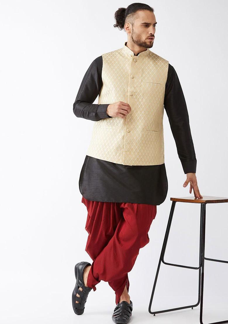 Black Woven Poly Blend Kurta Set For Men