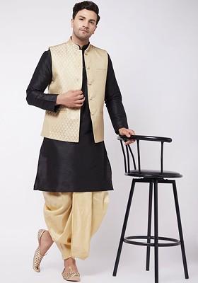 Black Woven Poly Blend Kurta Set For Men