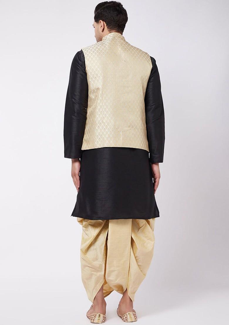 Black Woven Poly Blend Kurta Set For Men