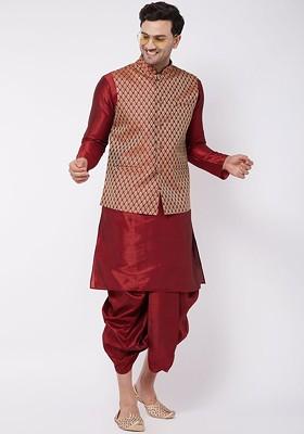 Maroon Solid Poly Blend Kurta Set For Men