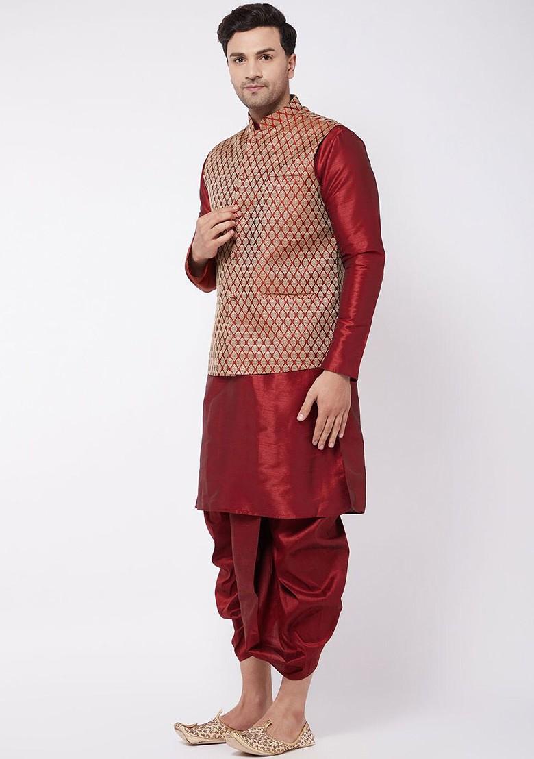 Maroon Solid Poly Blend Kurta Set For Men