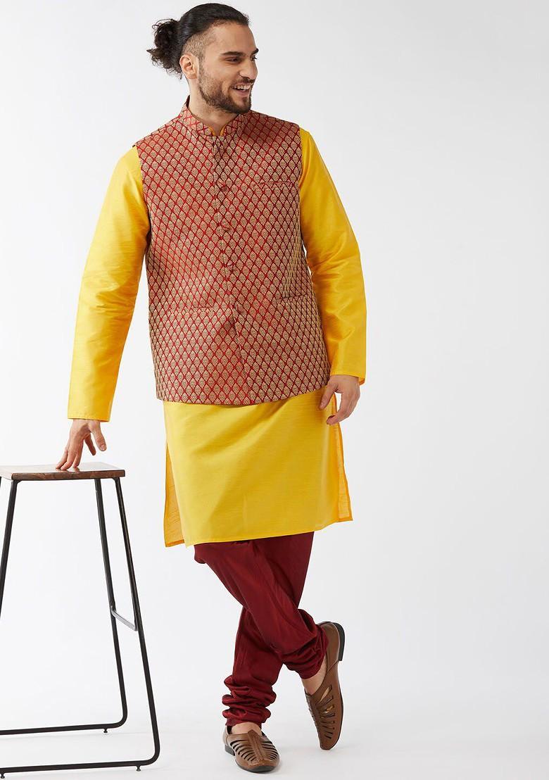 Yellow Woven Poly Blend Kurta Set For Men