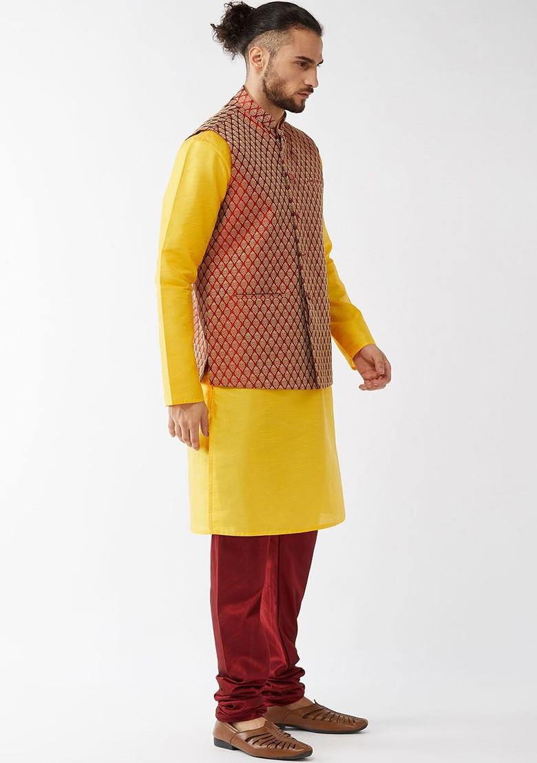 Yellow Woven Poly Blend Kurta Set For Men