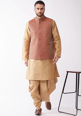 Rose Gold Woven Poly Blend Kurta Set For Men