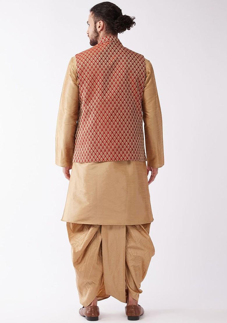 Rose Gold Woven Poly Blend Kurta Set For Men
