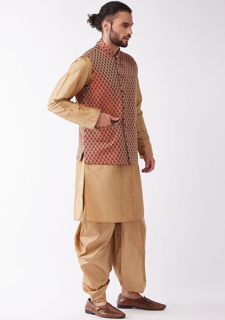 Rose Gold Woven Poly Blend Kurta Set For Men