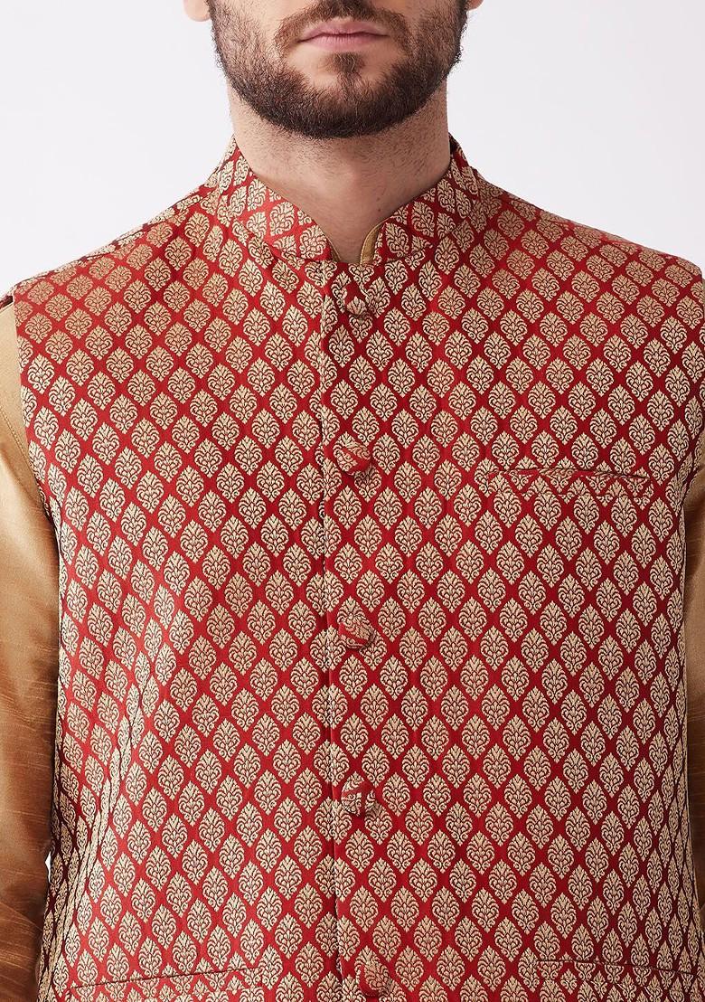 Rose Gold Woven Poly Blend Kurta Set For Men