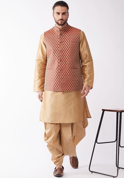 Rose Gold Woven Poly Blend Kurta Set For Men