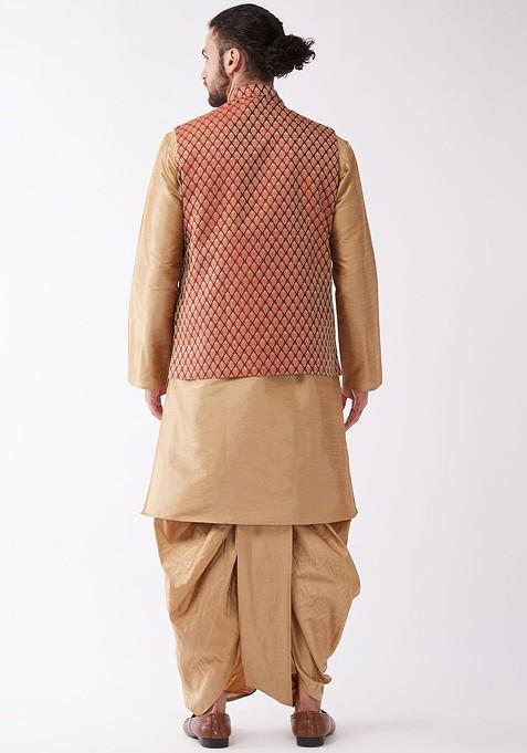 Rose Gold Woven Poly Blend Kurta Set For Men