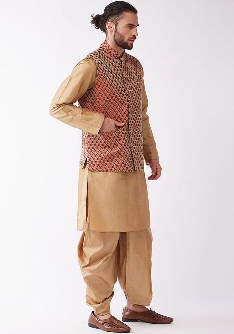 Rose Gold Woven Poly Blend Kurta Set For Men