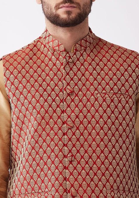 Rose Gold Woven Poly Blend Kurta Set For Men