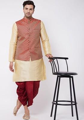 Gold Woven Poly Blend Kurta Set For Men