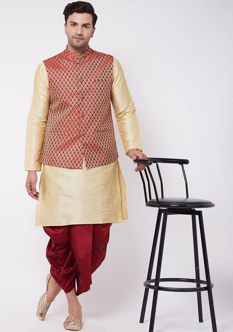 Gold Woven Poly Blend Kurta Set For Men