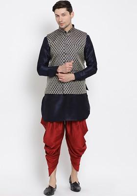 Navy Blue Woven Poly Blend Kurta Set For Men