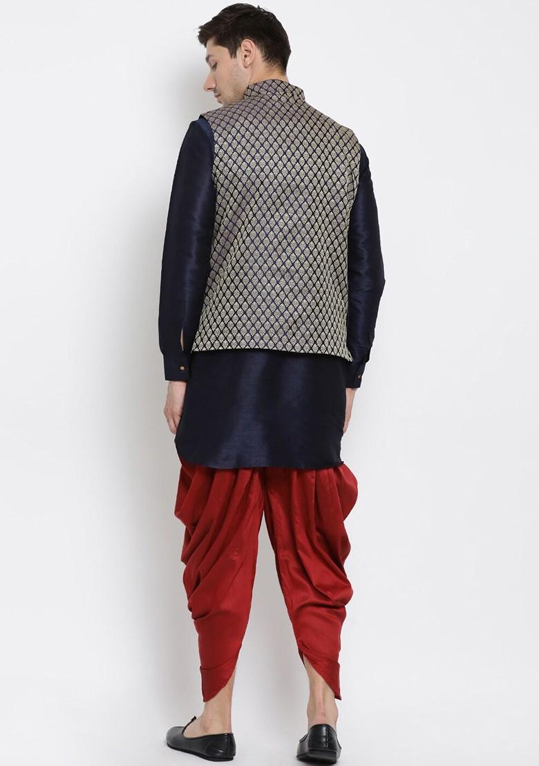 Navy Blue Woven Poly Blend Kurta Set For Men
