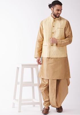 Rose Gold Solid Poly Blend Kurta Set For Men