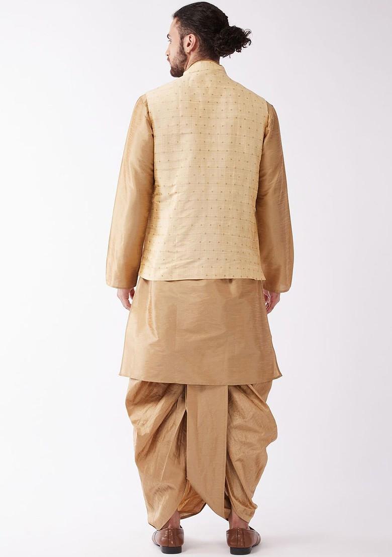 Rose Gold Solid Poly Blend Kurta Set For Men