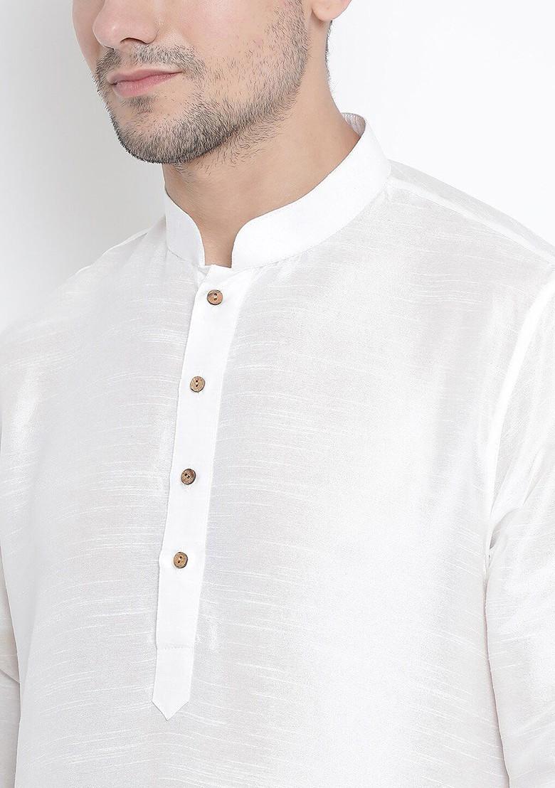White Solid Poly Blend Kurta Set For Men