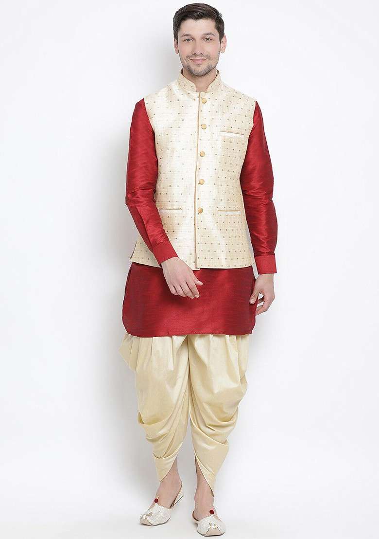 Maroon Woven Poly Blend Kurta Set For Men - Indya