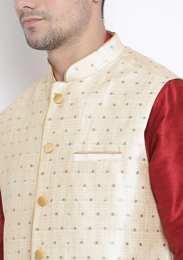 Maroon Woven Poly Blend Kurta Set For Men - Indya