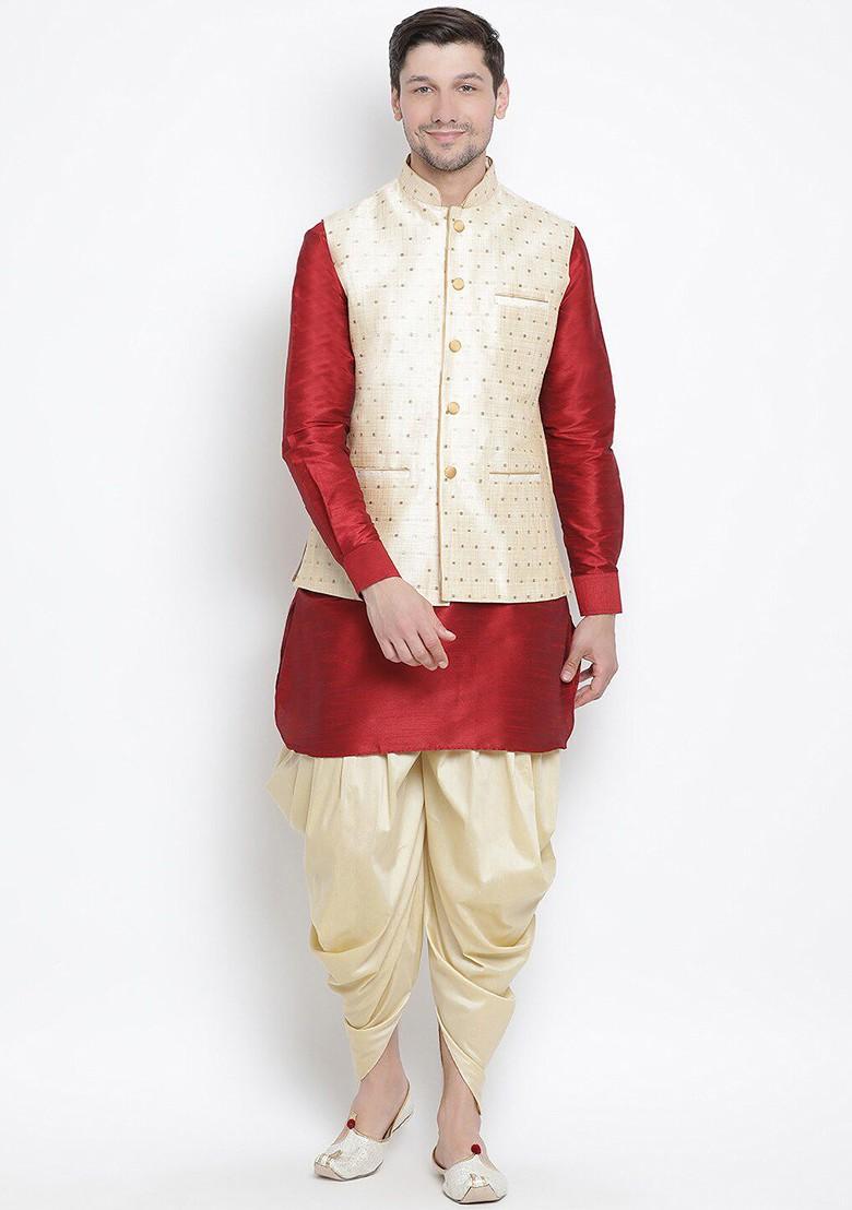 Maroon Woven Poly Blend Kurta Set For Men