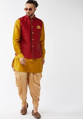 Mustard Woven Poly Blend Kurta Set For Men