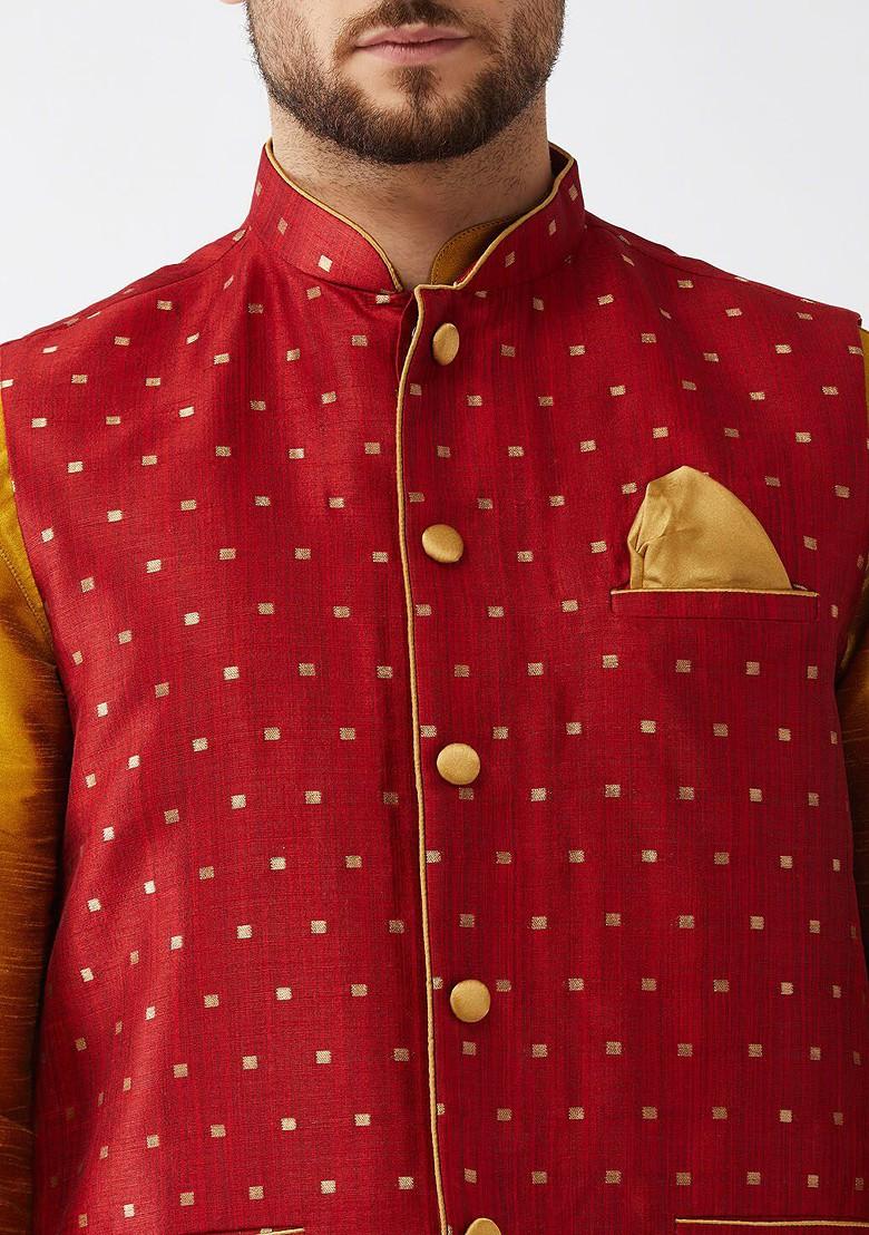 Mustard Woven Poly Blend Kurta Set For Men