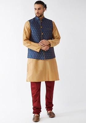 Rose Gold Woven Poly Blend Kurta Set For Men