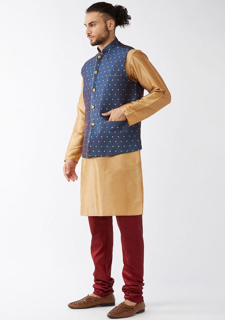 Rose Gold Woven Poly Blend Kurta Set For Men