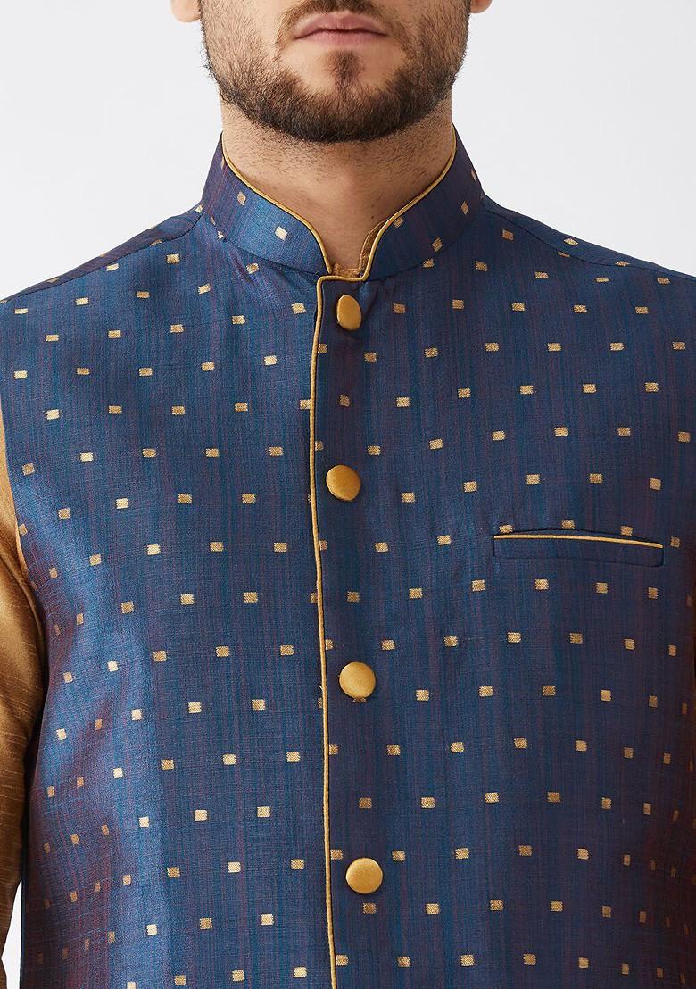 Rose Gold Woven Poly Blend Kurta Set For Men