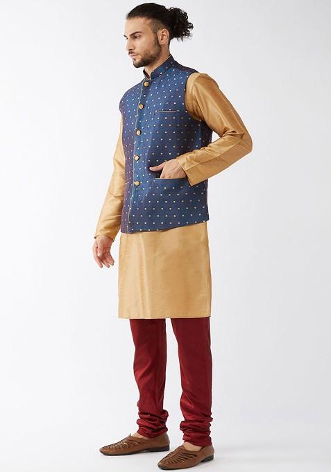 Rose Gold Woven Poly Blend Kurta Set For Men