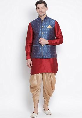 Maroon Woven Poly Blend Kurta Set For Men