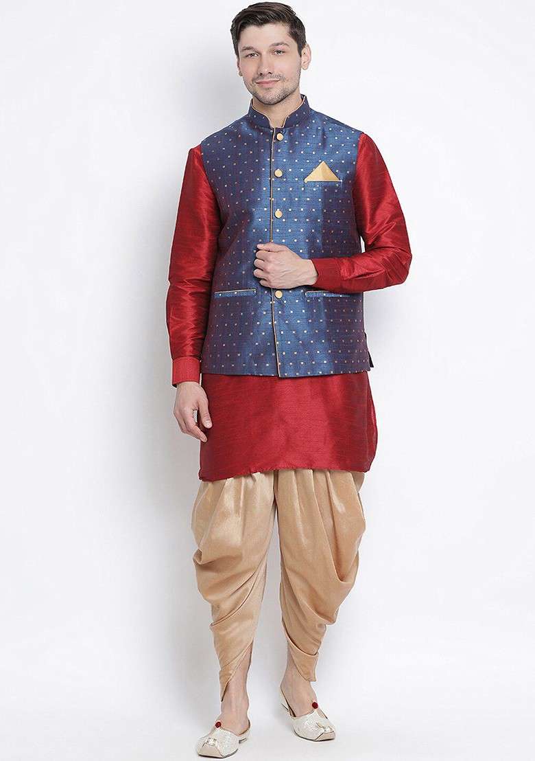 Maroon Woven Poly Blend Kurta Set For Men - Indya