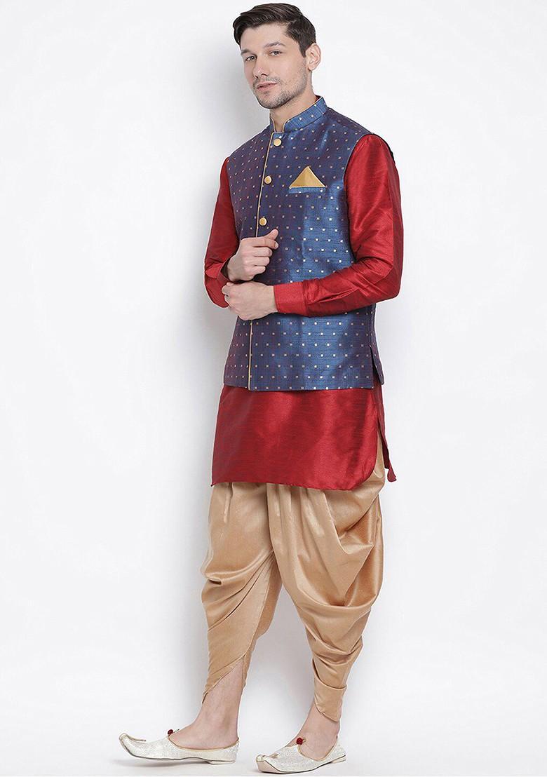 Maroon Woven Poly Blend Kurta Set For Men