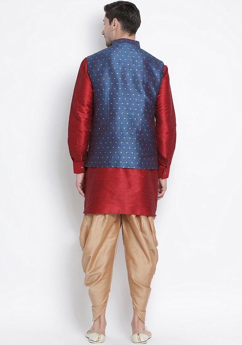 Maroon Woven Poly Blend Kurta Set For Men