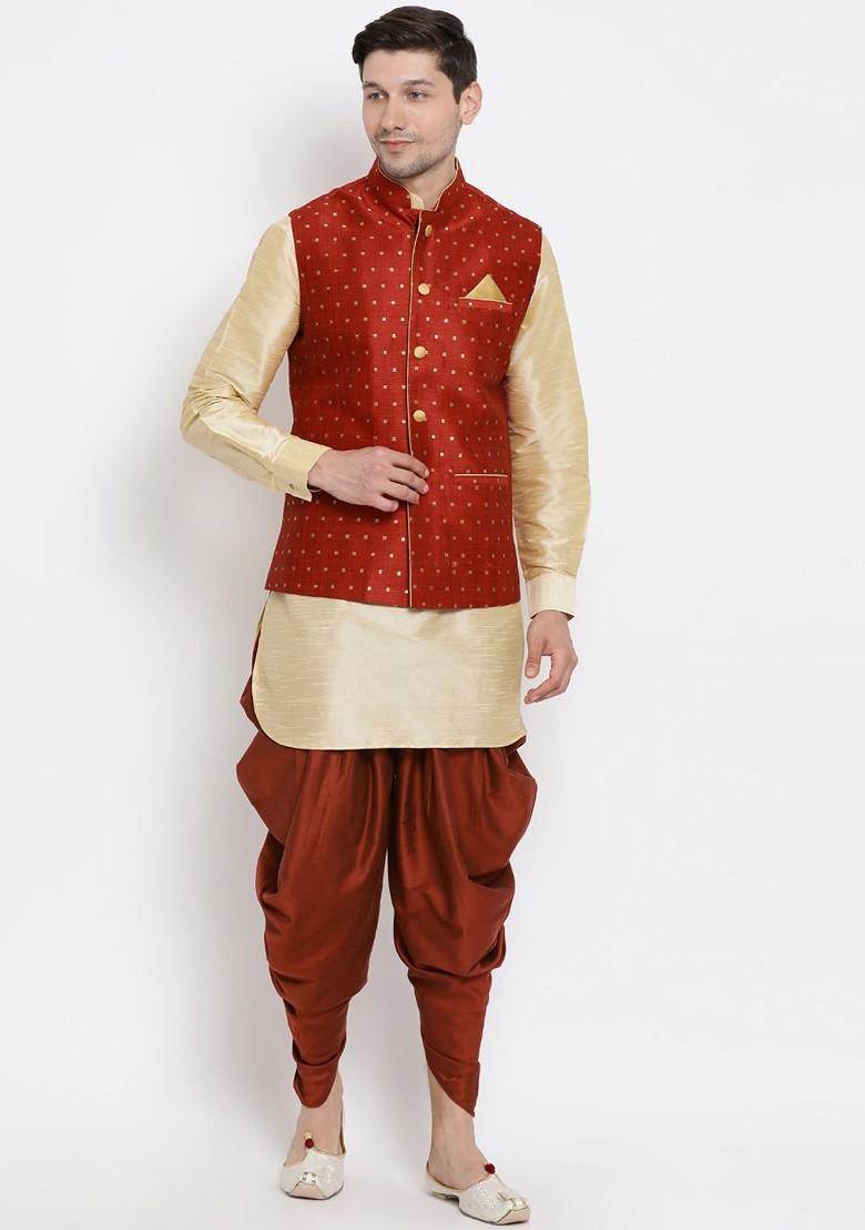 Gold Woven Poly Blend Kurta Set For Men