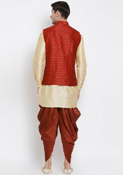Gold Woven Poly Blend Kurta Set For Men