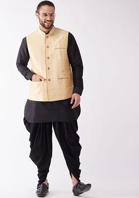 Black Woven Poly Blend Kurta Set For Men