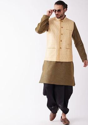 Black Woven Poly Blend Kurta Set For Men