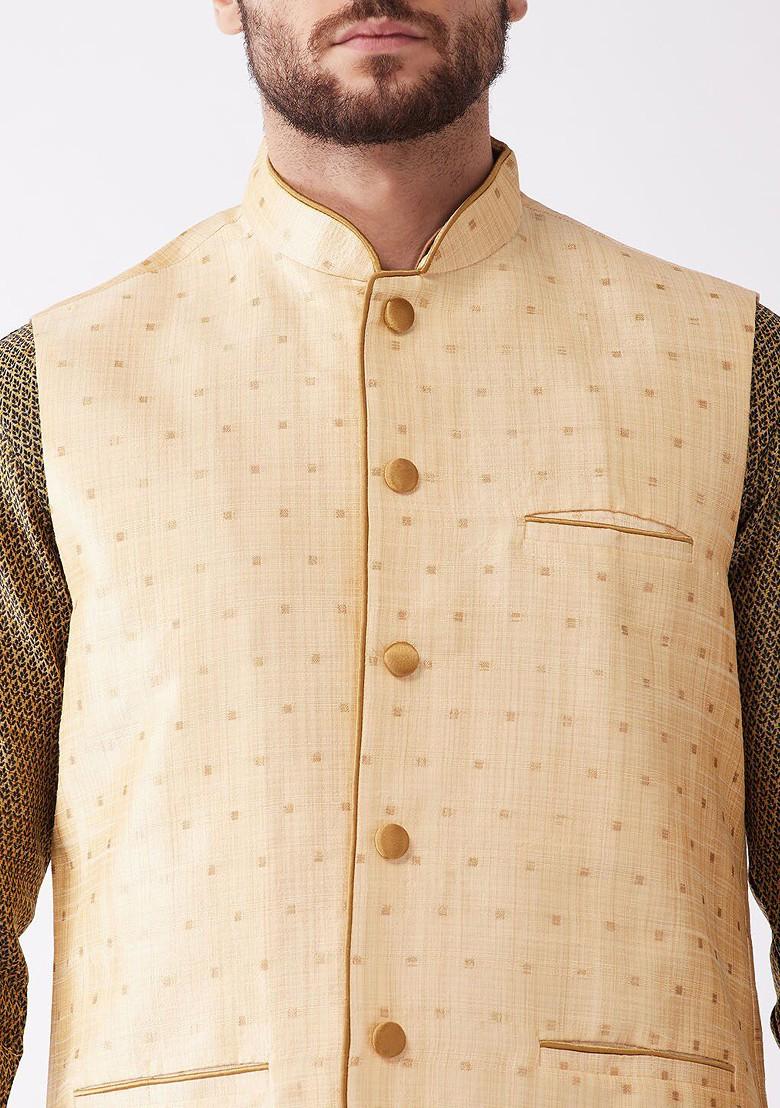 Black Woven Poly Blend Kurta Set For Men