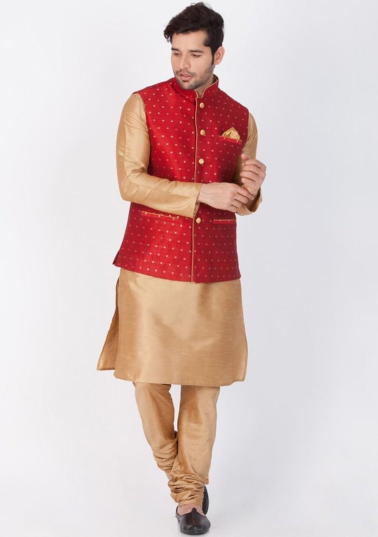 Gold Solid Poly Blend Kurta Set For Men