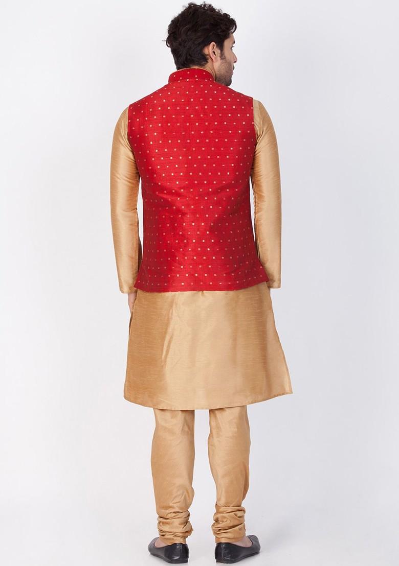 Gold Solid Poly Blend Kurta Set For Men