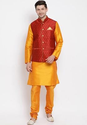 Orange Woven Poly Blend Kurta Set For Men