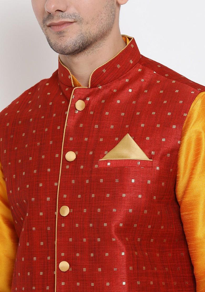 Orange Woven Poly Blend Kurta Set For Men