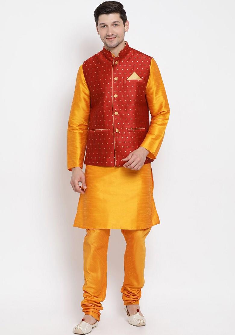 Orange Woven Poly Blend Kurta Set For Men